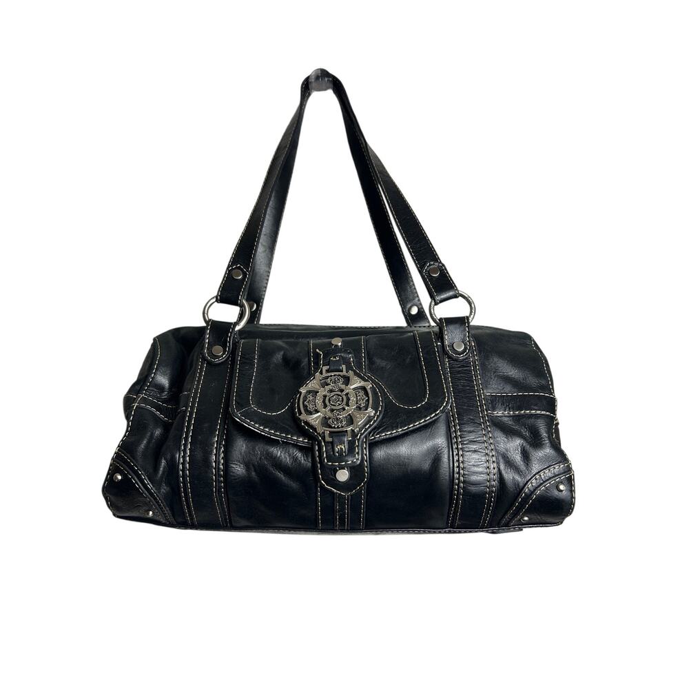 Y2K Biker Mini Duffel Bag – Kate Landry Black Leather Shoulder Bag Front Pocket